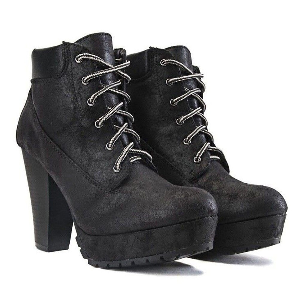 SODA Boots Womens 7.5 Black Platform Lace Up Ankle Booties Chunky Block Heel Lug